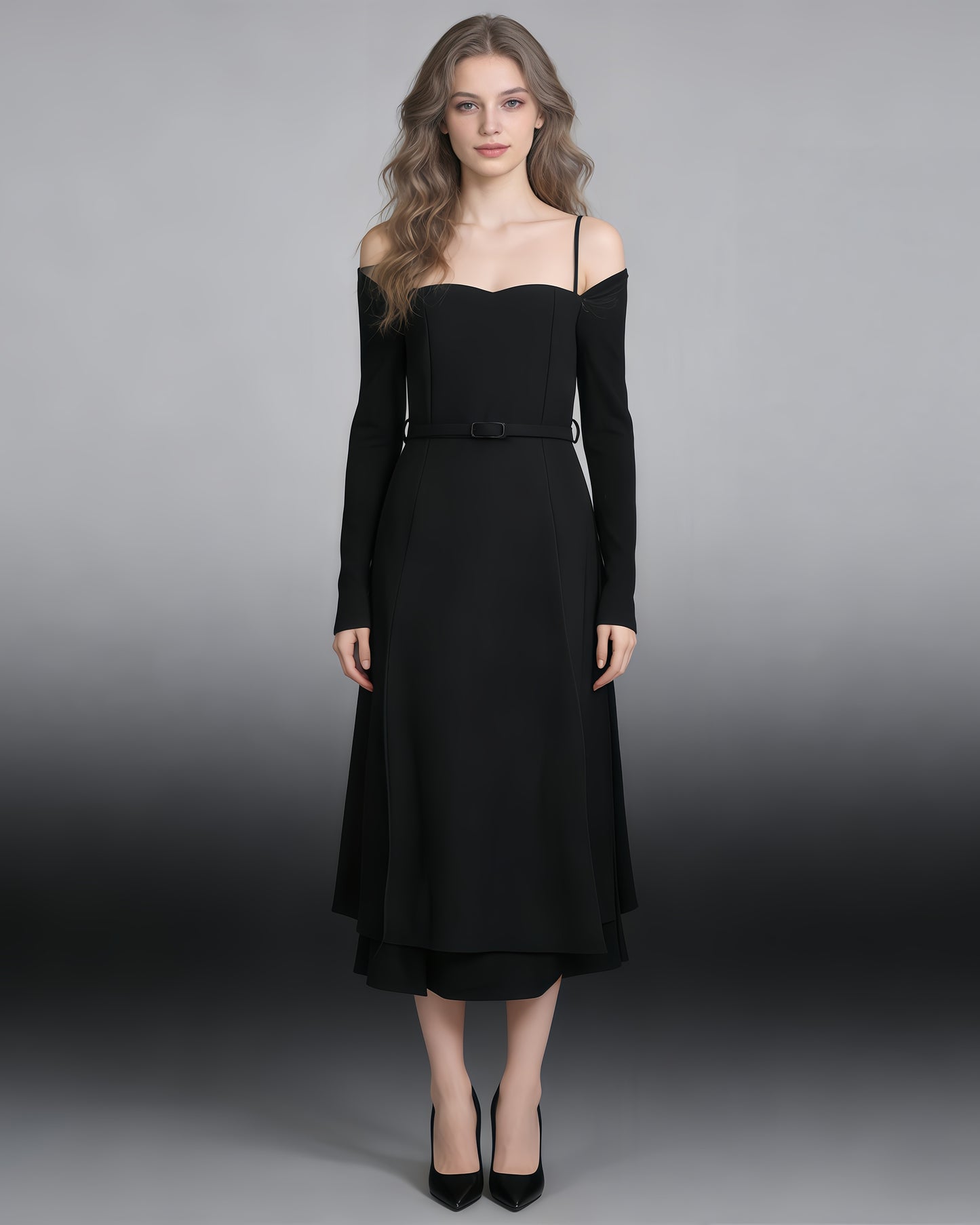 Black Off-Shoulder Belted Midi Dress