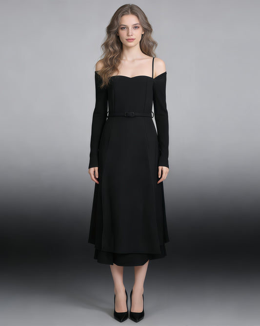 Black Off-Shoulder Belted Midi Dress