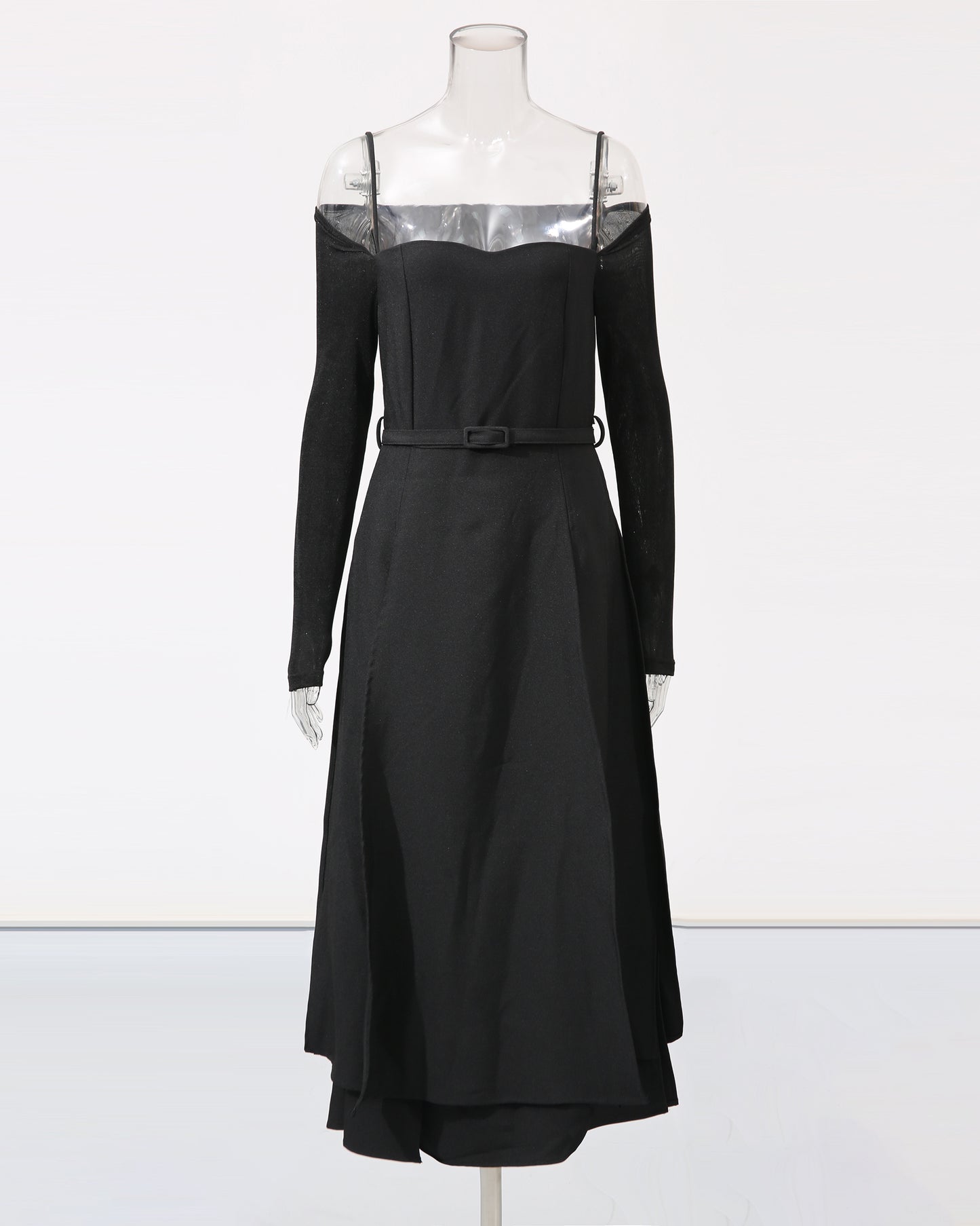 Black Off-Shoulder Belted Midi Dress