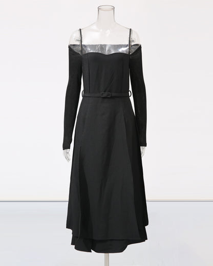 Black Off-Shoulder Belted Midi Dress