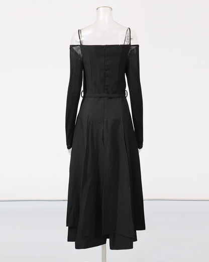 Black Off-Shoulder Belted Midi Dress