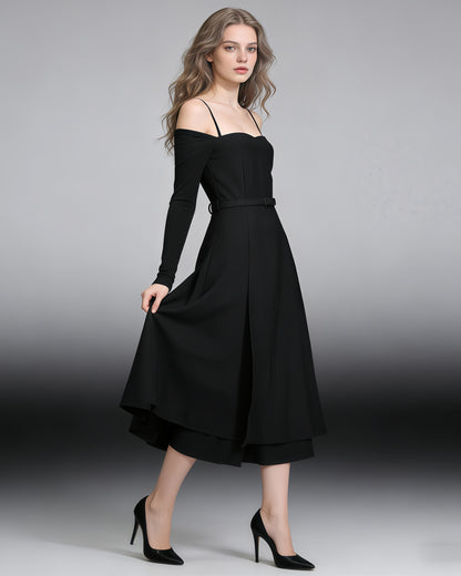 Black Off-Shoulder Belted Midi Dress