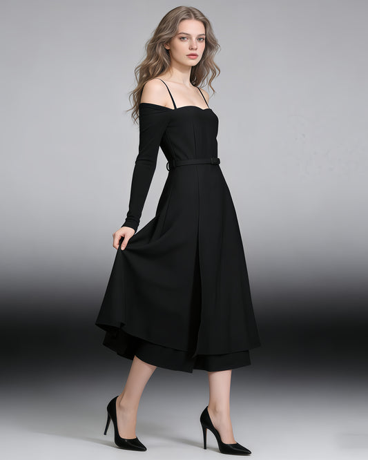 Black Off-Shoulder Belted Midi Dress