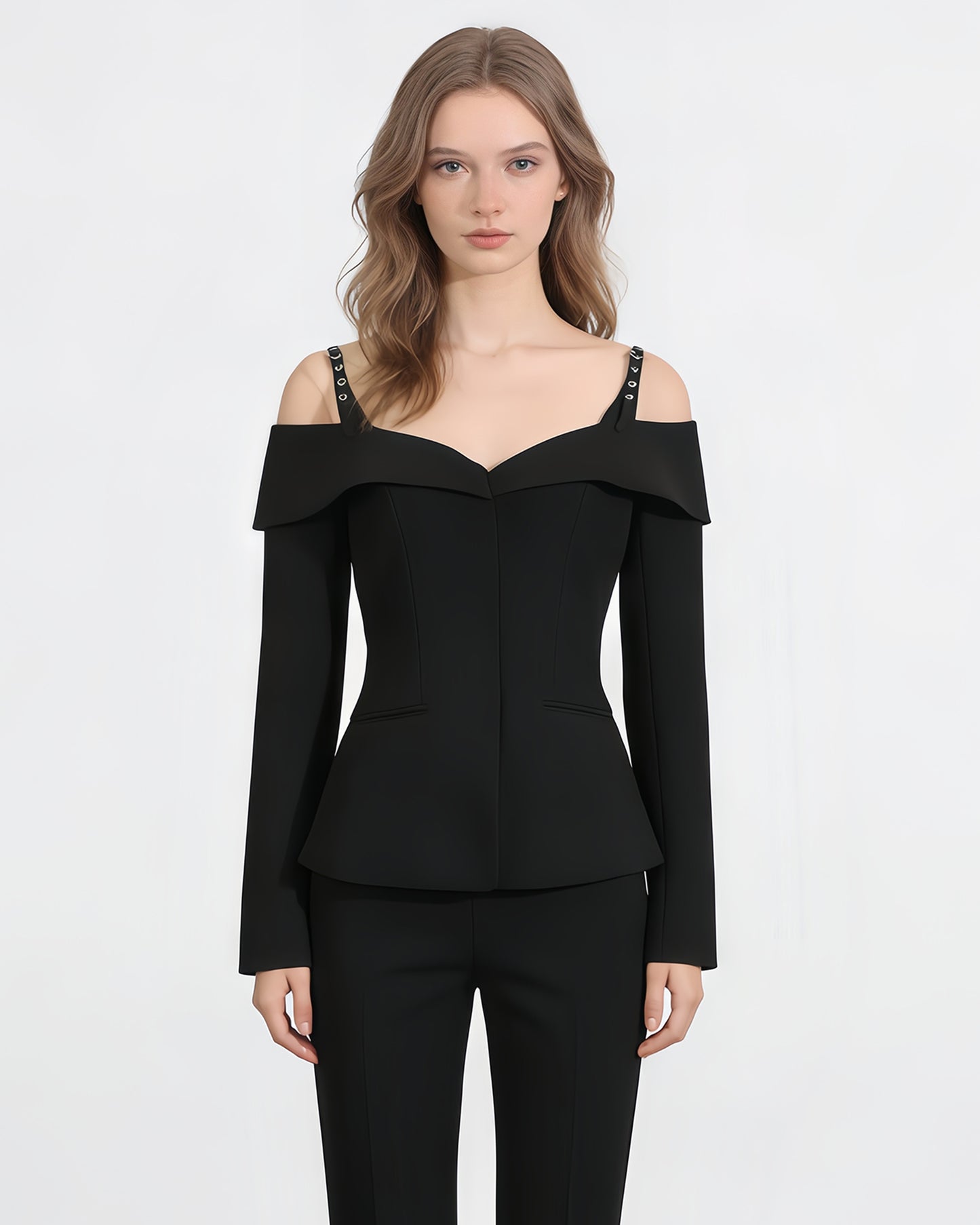 Black Off-Shoulder Buckle Fitted Top