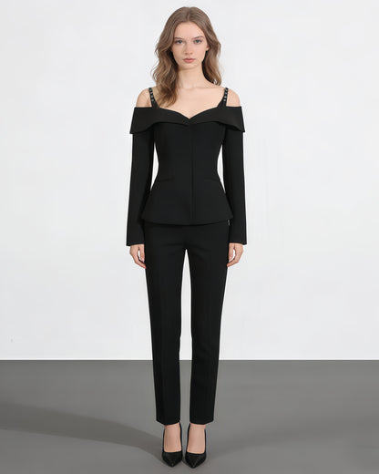 Black Off-Shoulder Buckle Fitted Top