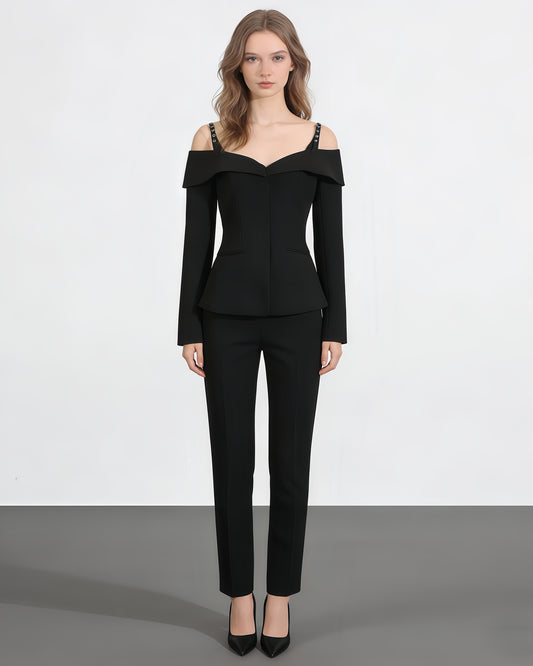 Black Off-Shoulder Buckle Fitted Top