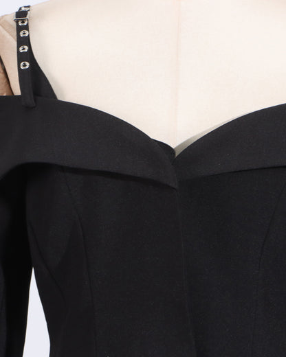 Black Off-Shoulder Buckle Fitted Top