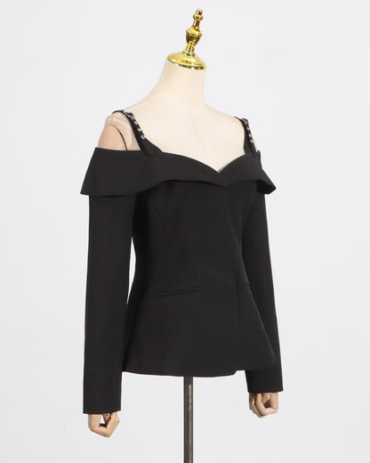 Black Off-Shoulder Buckle Fitted Top