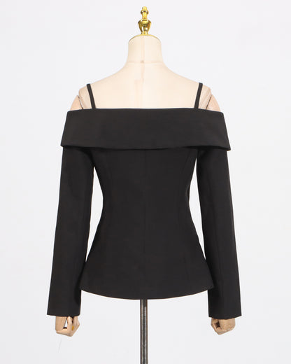 Black Off-Shoulder Buckle Fitted Top