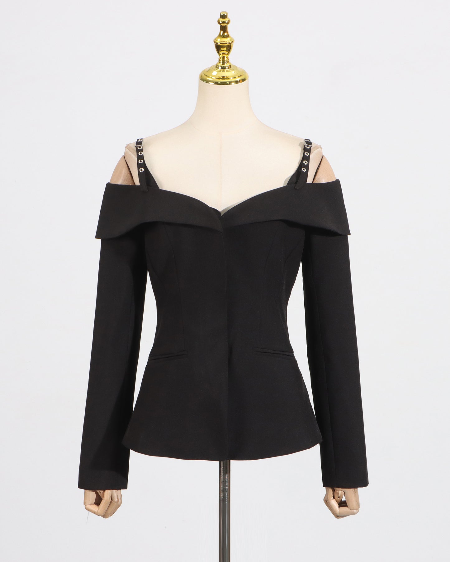Black Off-Shoulder Buckle Fitted Top