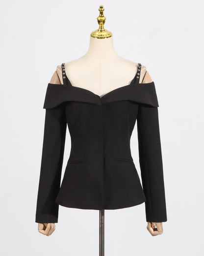 Black Off-Shoulder Buckle Fitted Top