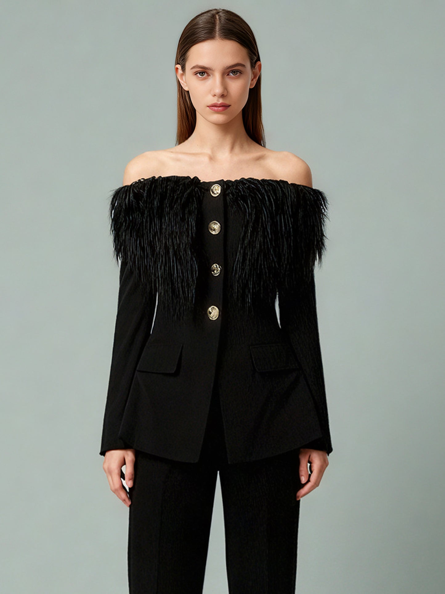 Black Off-Shoulder Feather-Trimmed Jacket with Gold Buttons