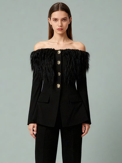 Black Off-Shoulder Feather-Trimmed Jacket with Gold Buttons