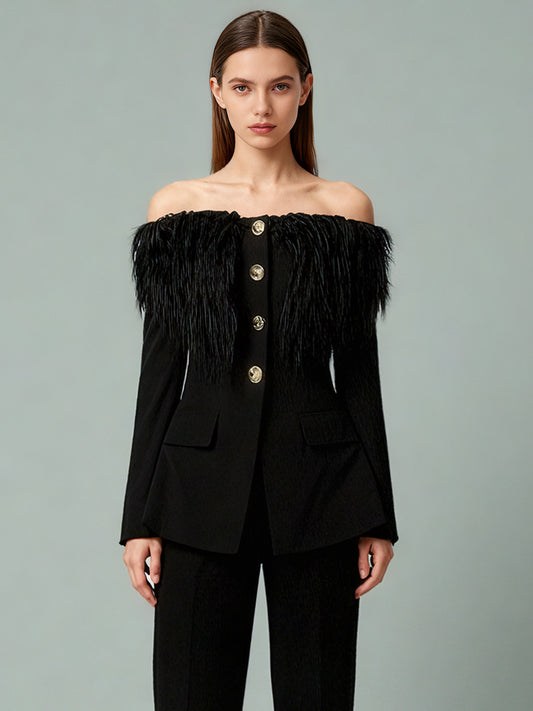 Black Off-Shoulder Feather-Trimmed Jacket with Gold Buttons