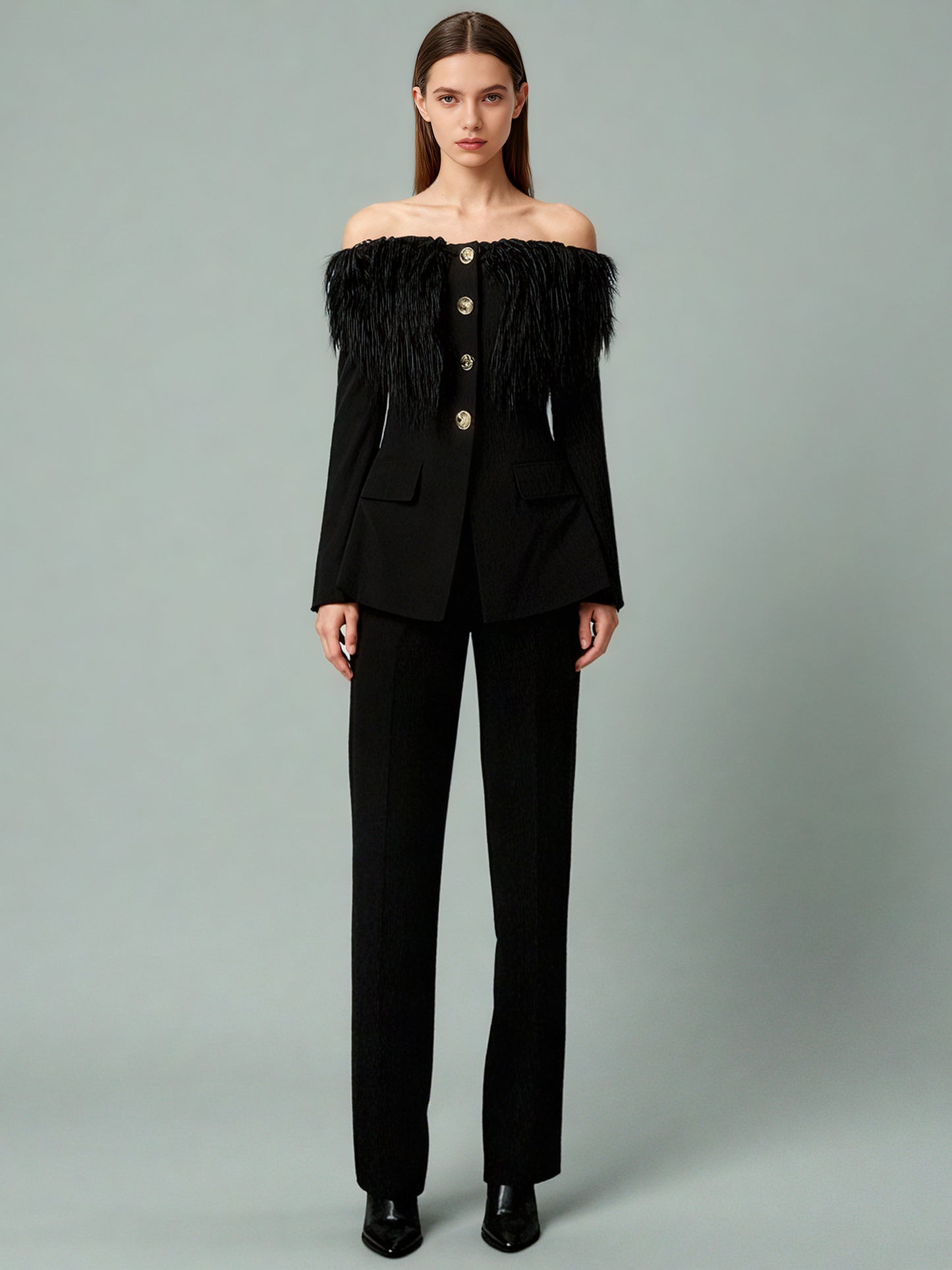 Black Off-Shoulder Feather-Trimmed Jacket with Gold Buttons