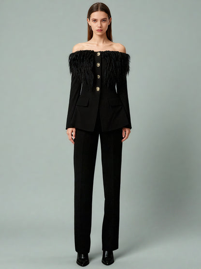 Black Off-Shoulder Feather-Trimmed Jacket with Gold Buttons