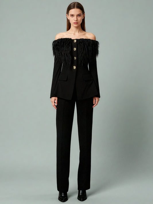 Black Off-Shoulder Feather-Trimmed Jacket with Gold Buttons