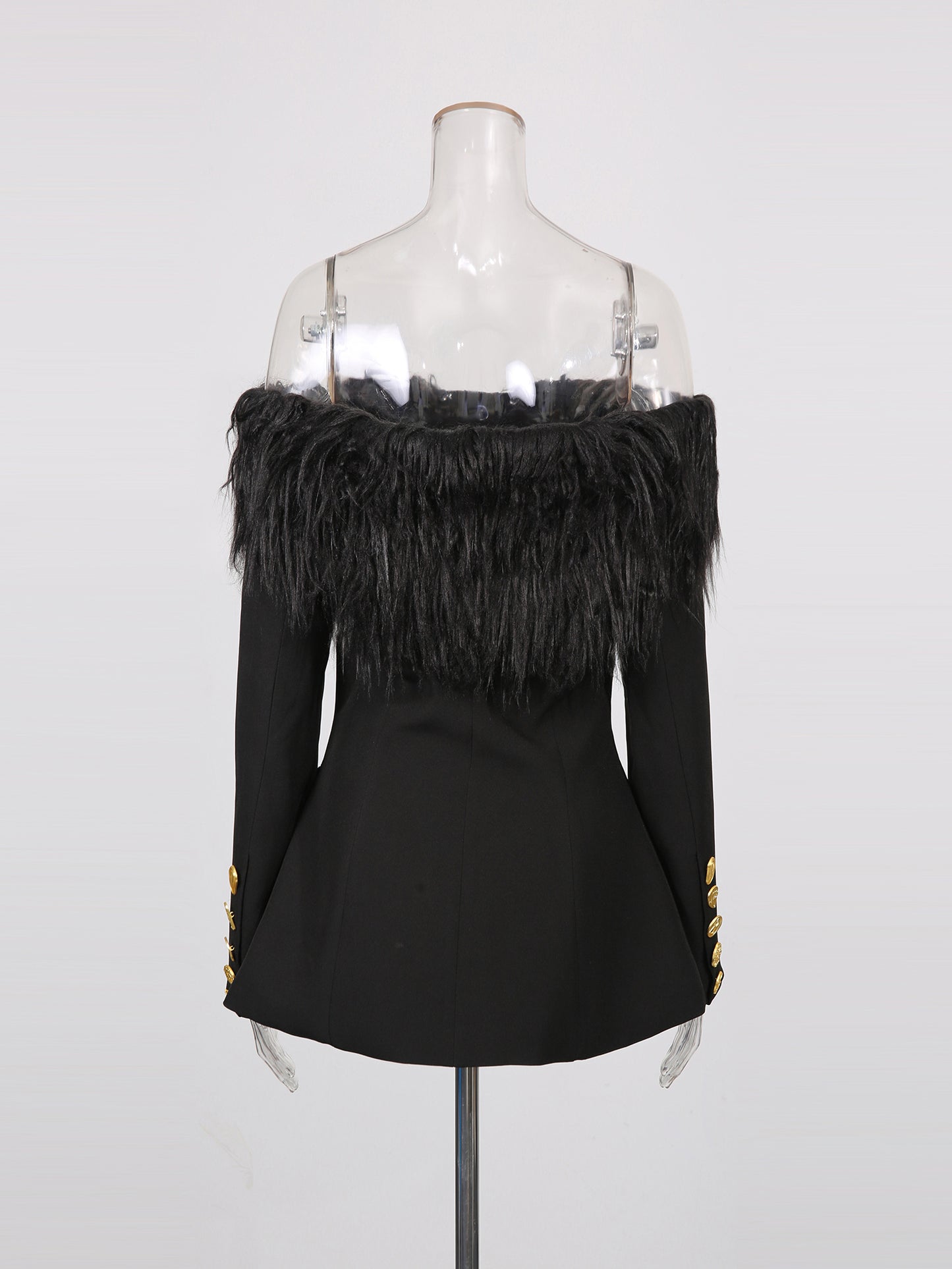 Black Off-Shoulder Feather-Trimmed Jacket with Gold Buttons