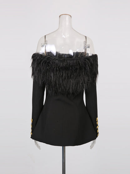 Black Off-Shoulder Feather-Trimmed Jacket with Gold Buttons