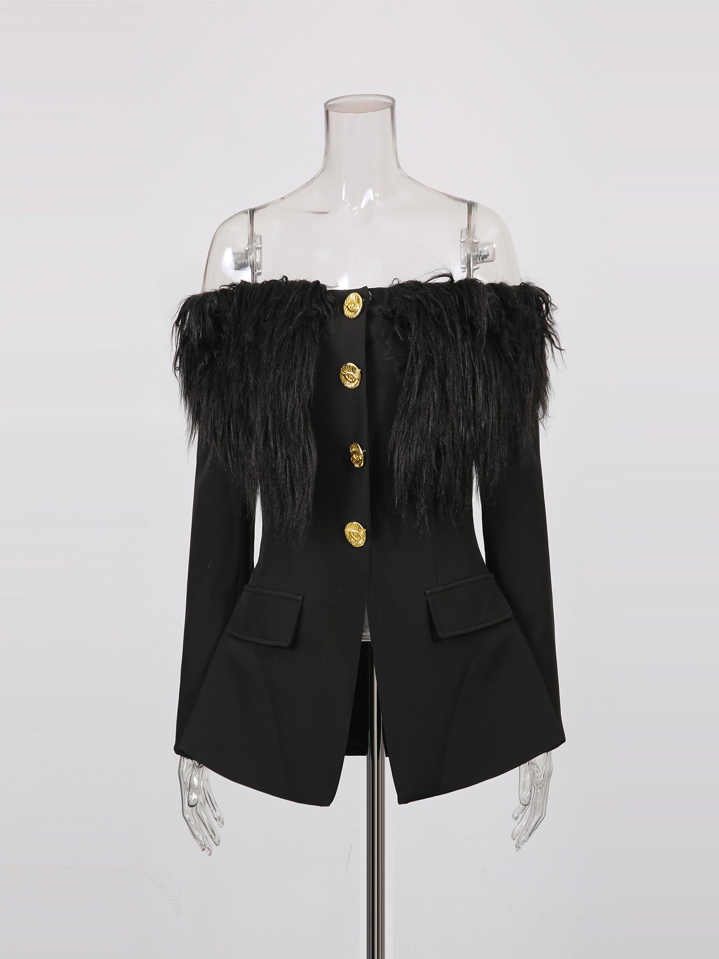 Black Off-Shoulder Feather-Trimmed Jacket with Gold Buttons