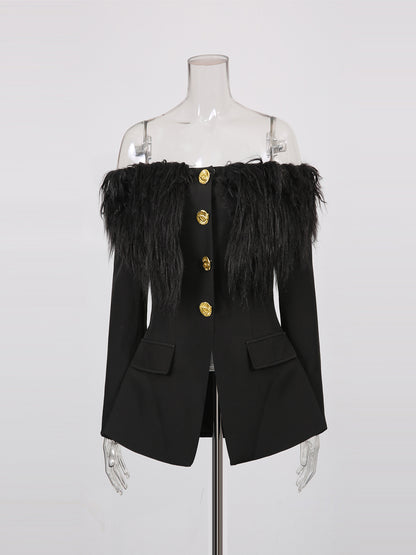 Black Off-Shoulder Feather-Trimmed Jacket with Gold Buttons