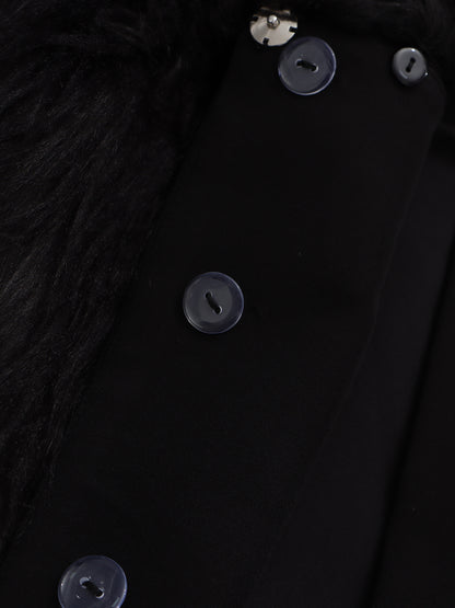 Black Off-Shoulder Feather-Trimmed Jacket with Gold Buttons