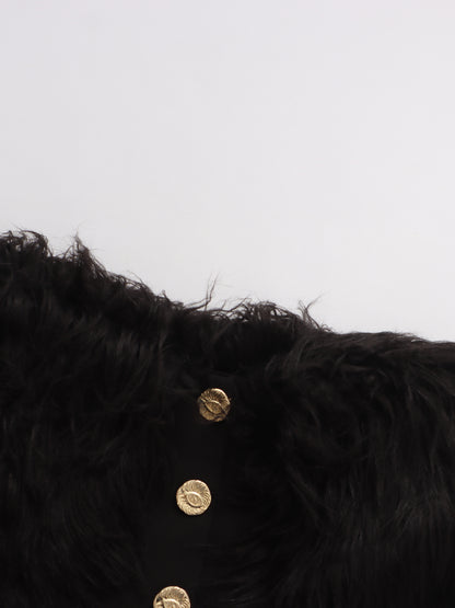 Black Off-Shoulder Feather-Trimmed Jacket with Gold Buttons