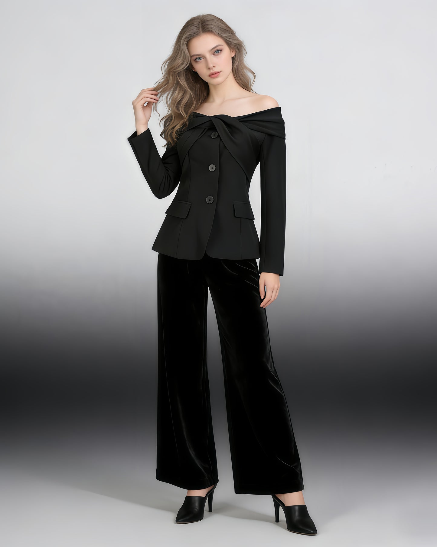 Black Off-Shoulder Fitted Blazer