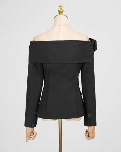 Black Off-Shoulder Fitted Blazer