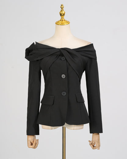 Black Off-Shoulder Fitted Blazer