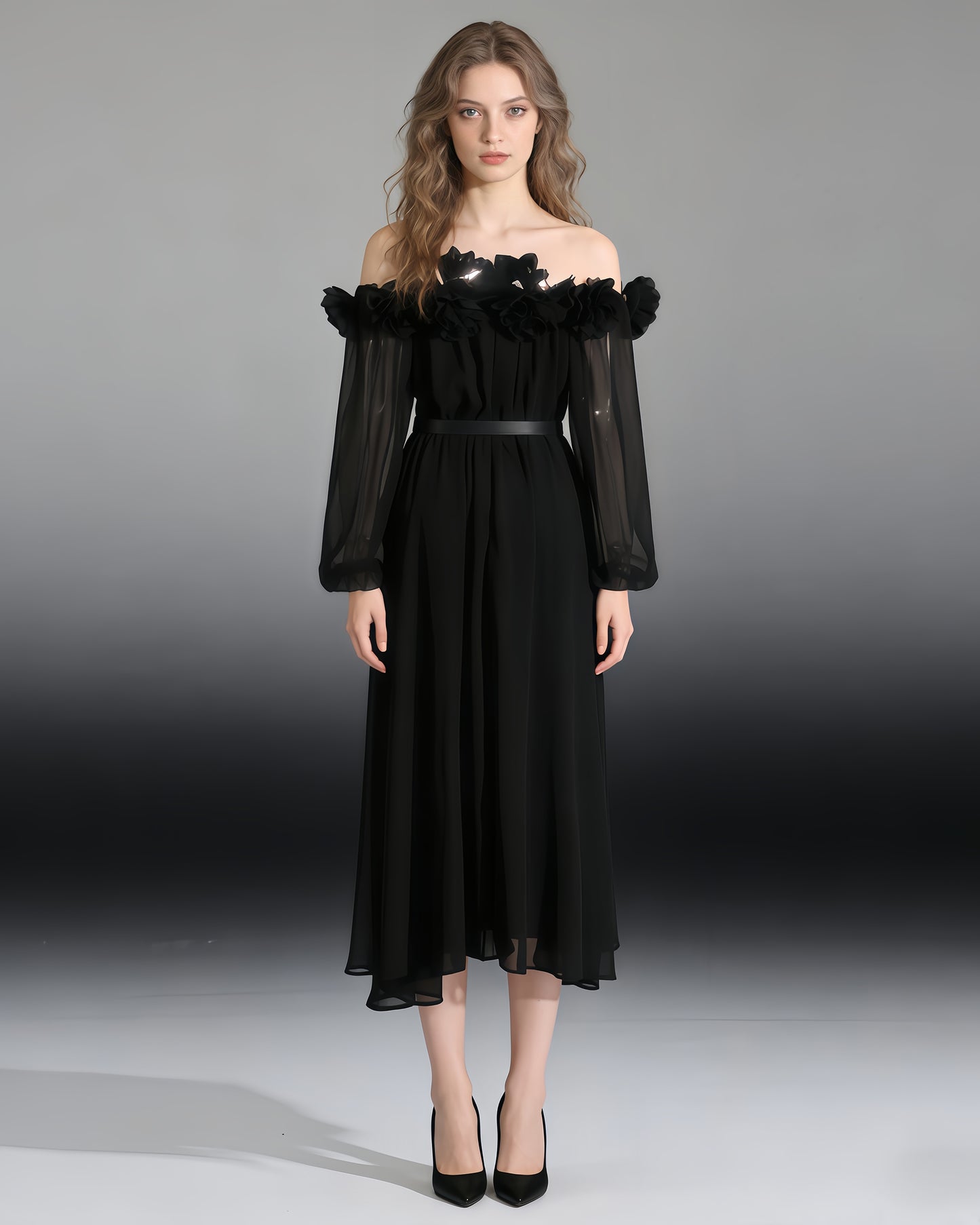 Black Off-Shoulder Floral Maxi Dress