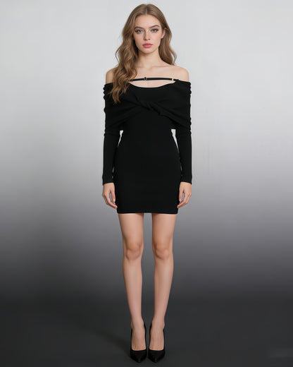 Black Off-Shoulder Knit Bodycon Dress