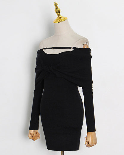 Black Off-Shoulder Knit Bodycon Dress