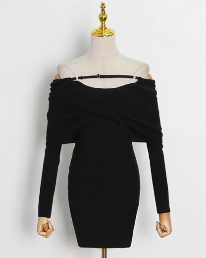 Black Off-Shoulder Knit Bodycon Dress