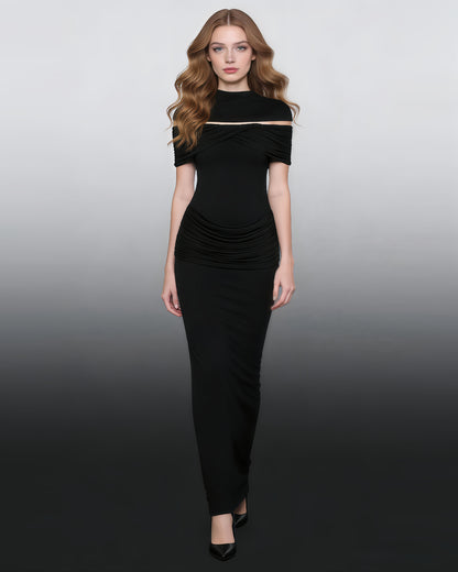 Black Off-Shoulder Ruched Bodycon Maxi Dress