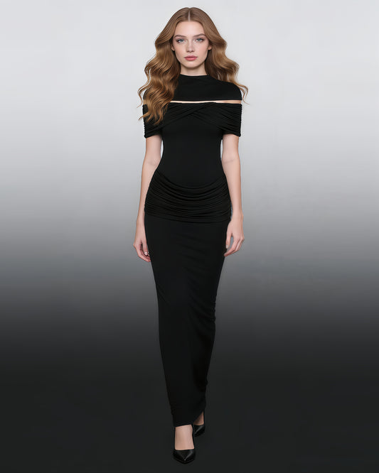Black Off-Shoulder Ruched Bodycon Maxi Dress