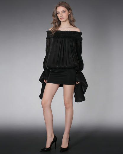 Black Off-Shoulder Ruched Puff Sleeve Mini Dress