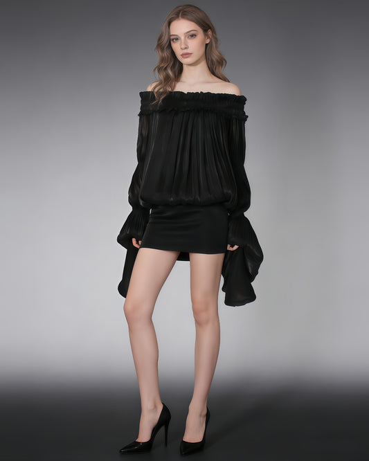 Black Off-Shoulder Ruched Puff Sleeve Mini Dress