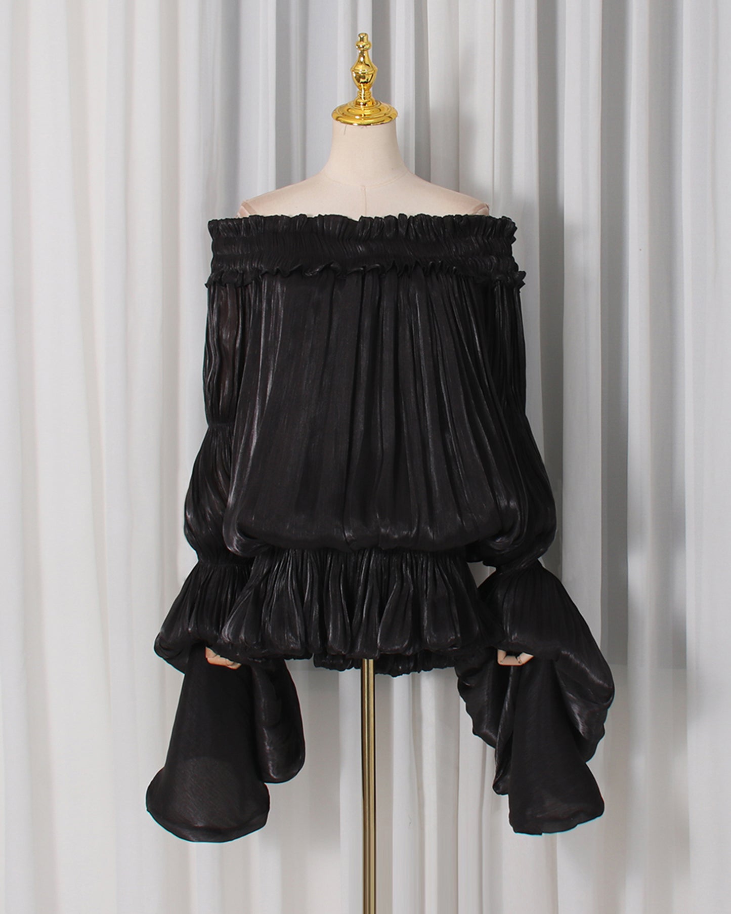 Black Off-Shoulder Ruched Puff Sleeve Mini Dress