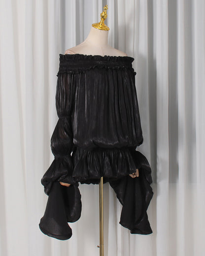 Black Off-Shoulder Ruched Puff Sleeve Mini Dress