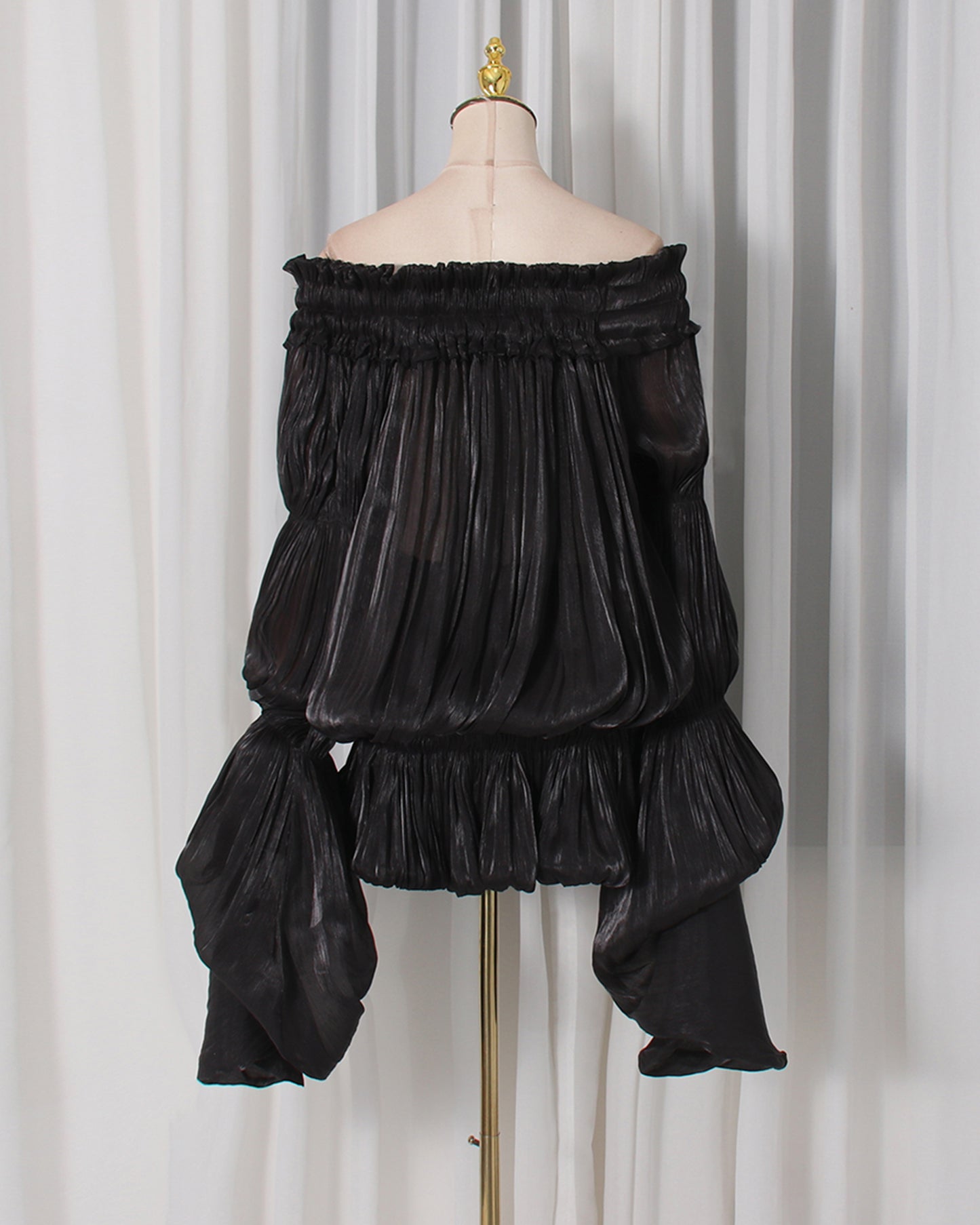 Black Off-Shoulder Ruched Puff Sleeve Mini Dress