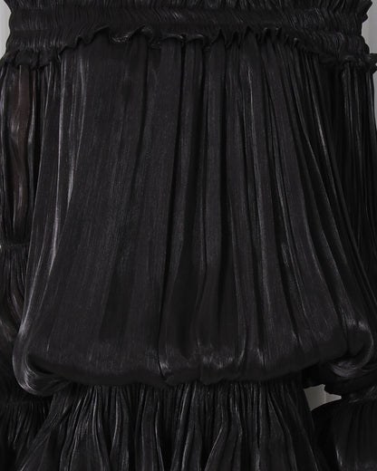 Black Off-Shoulder Ruched Puff Sleeve Mini Dress