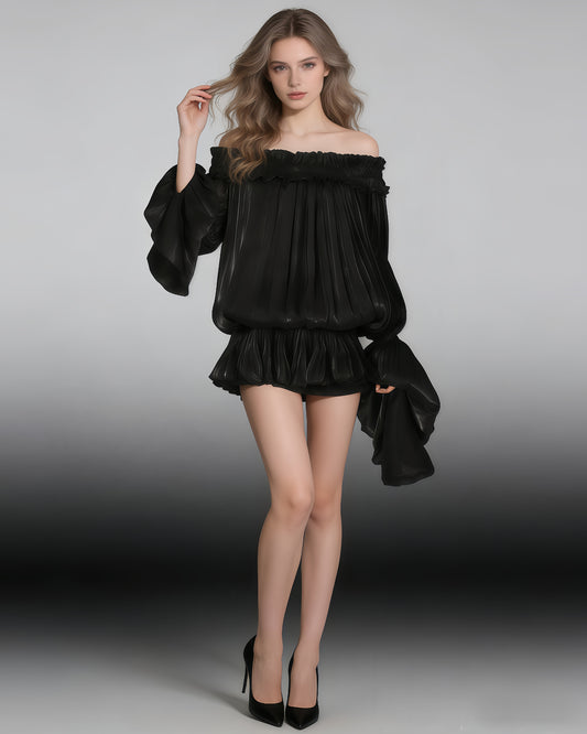 Black Off-Shoulder Ruched Puff Sleeve Mini Dress