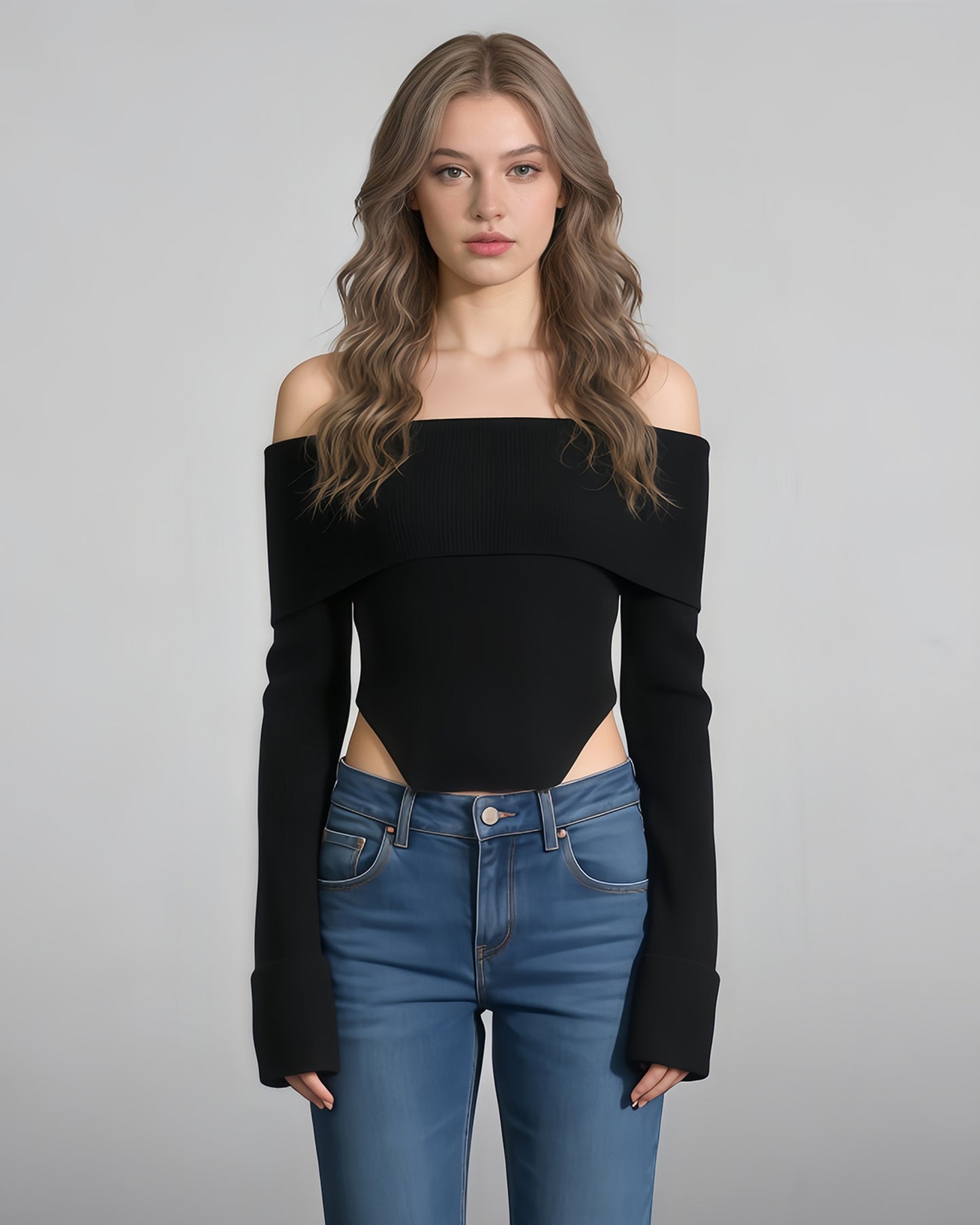 Black Off-the-Shoulder Ribbed Knit Top