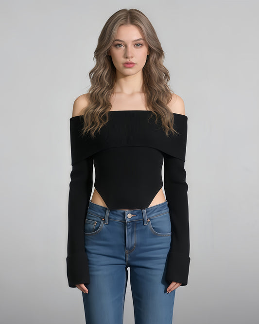 Black Off-the-Shoulder Ribbed Knit Top