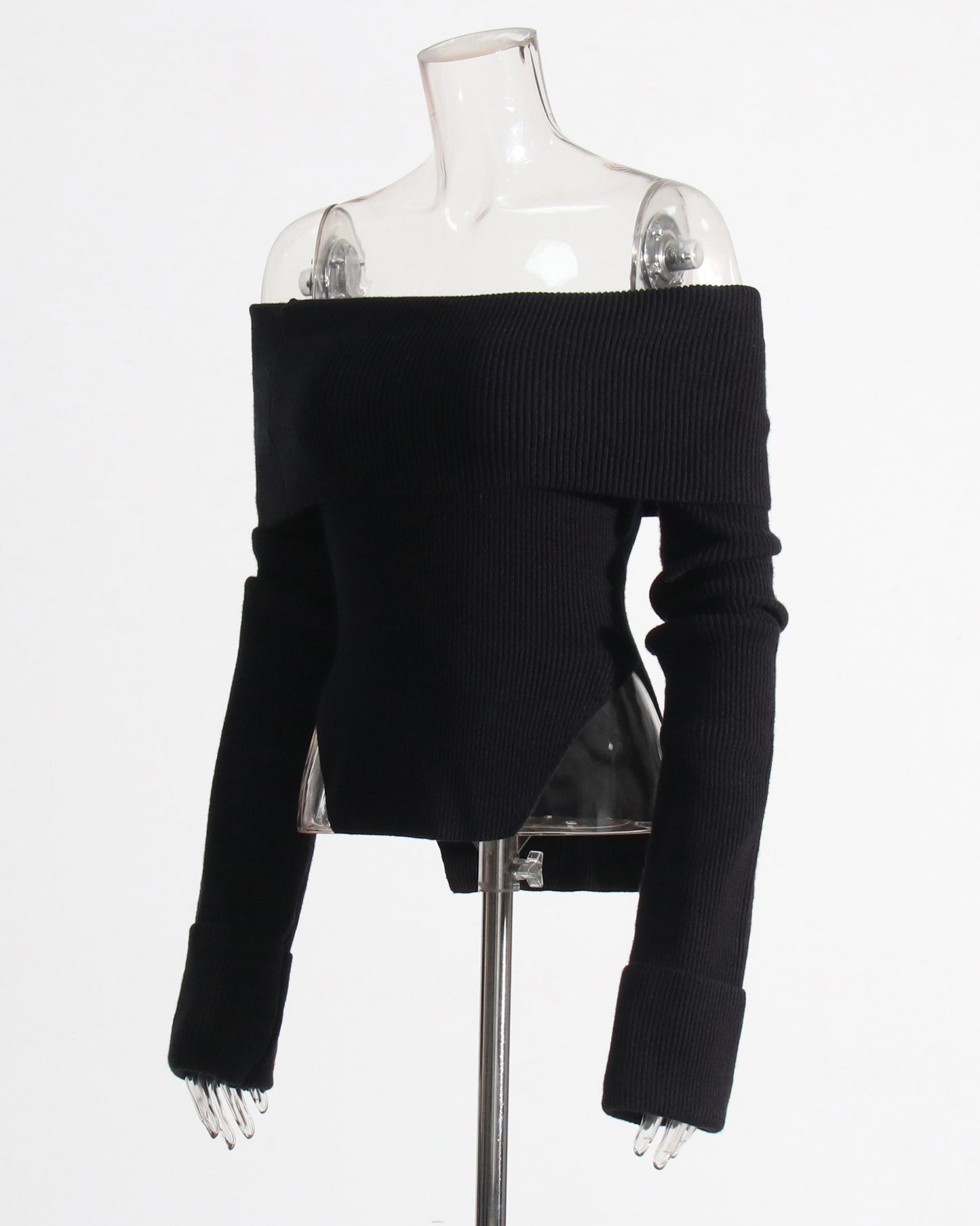 Black Off-the-Shoulder Ribbed Knit Top