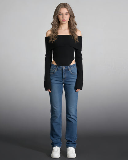 Black Off-the-Shoulder Ribbed Knit Top