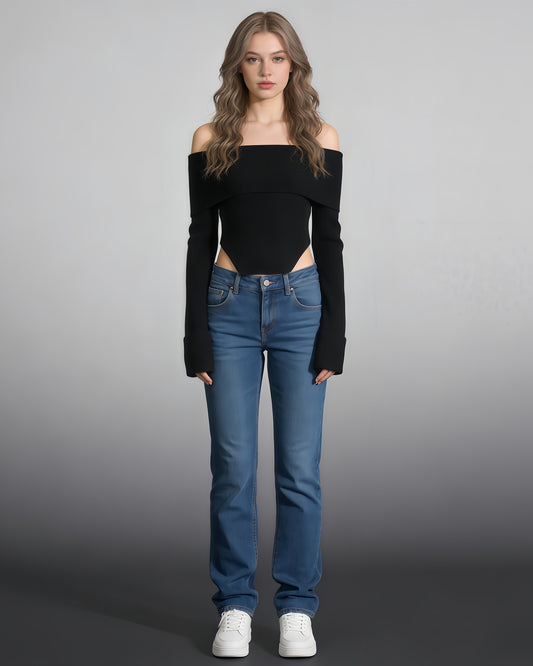 Black Off-the-Shoulder Ribbed Knit Top