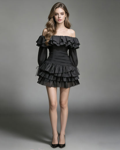 Black Off-the-Shoulder Ruffle Ruched  Mini Dress
