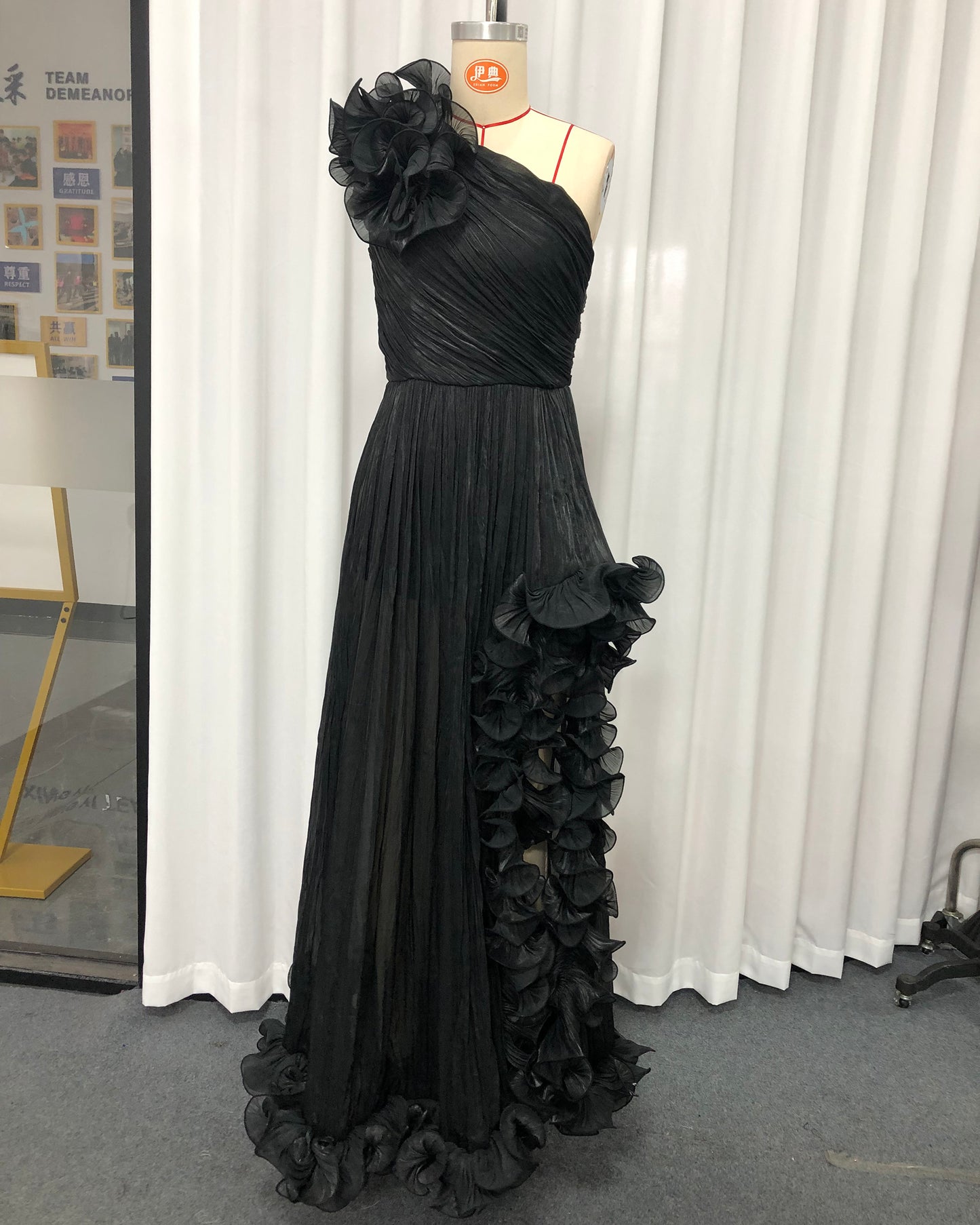 Black One-Shoulder 3D Floral Slit Maxi Dress